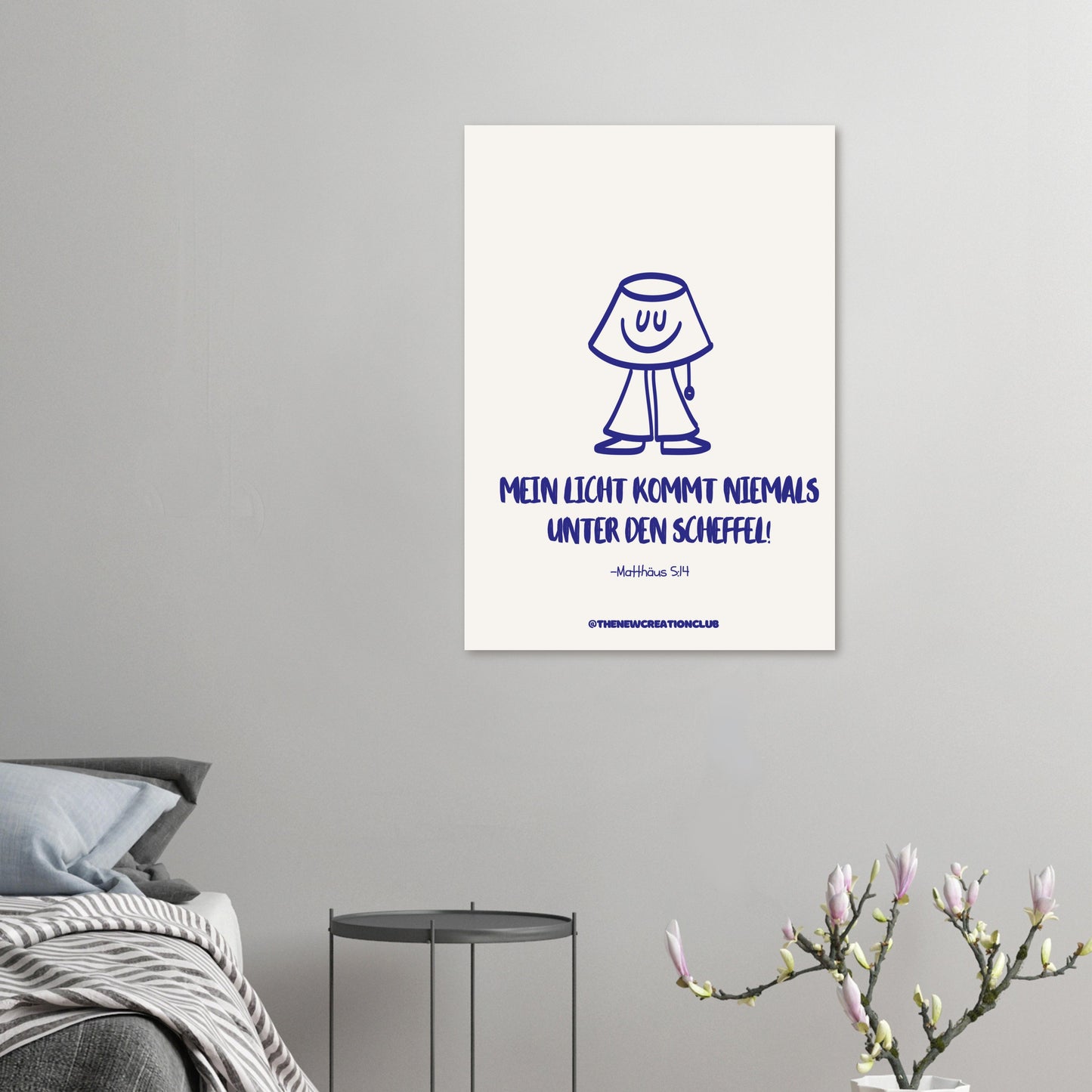 Christliches Poster: 'Mein Licht kommt niemals unter den Scheffel' – Modernes Design in Beige und Blau