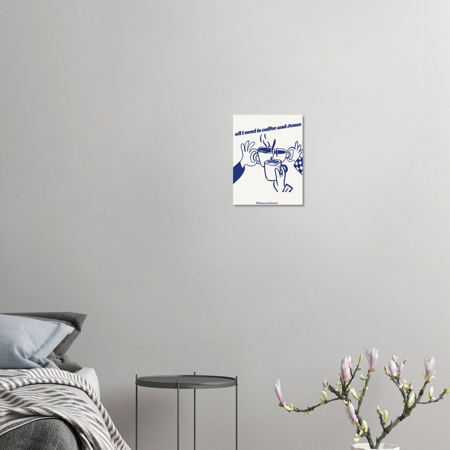 Christian Coffee and Jesus Poster – Modern design in blue and cream white