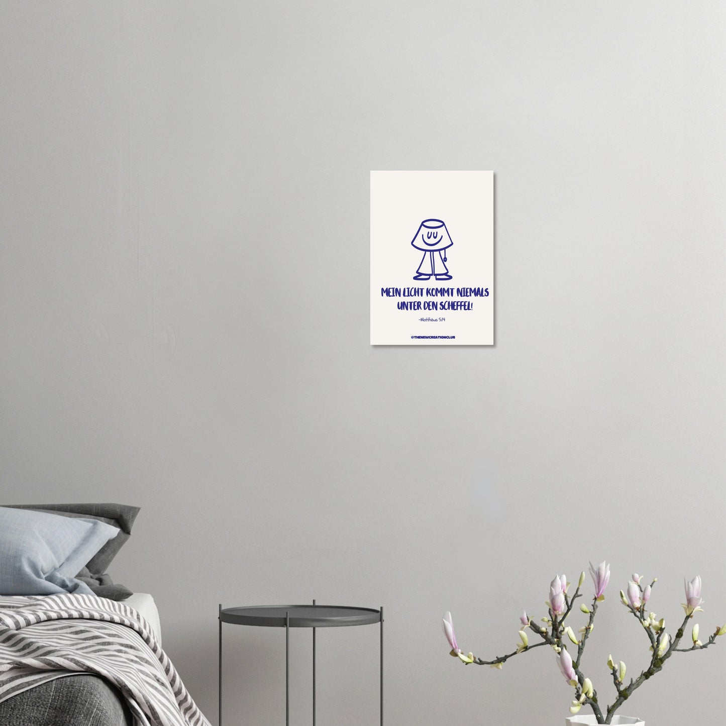 Christliches Poster: 'Mein Licht kommt niemals unter den Scheffel' – Modernes Design in Beige und Blau