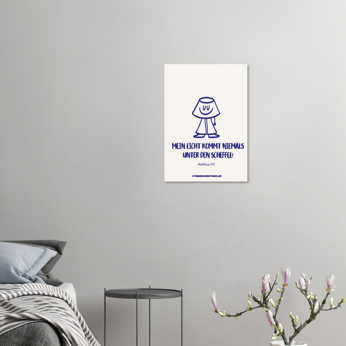 Christliches Poster: 'Mein Licht kommt niemals unter den Scheffel' – Modernes Design in Beige und Blau